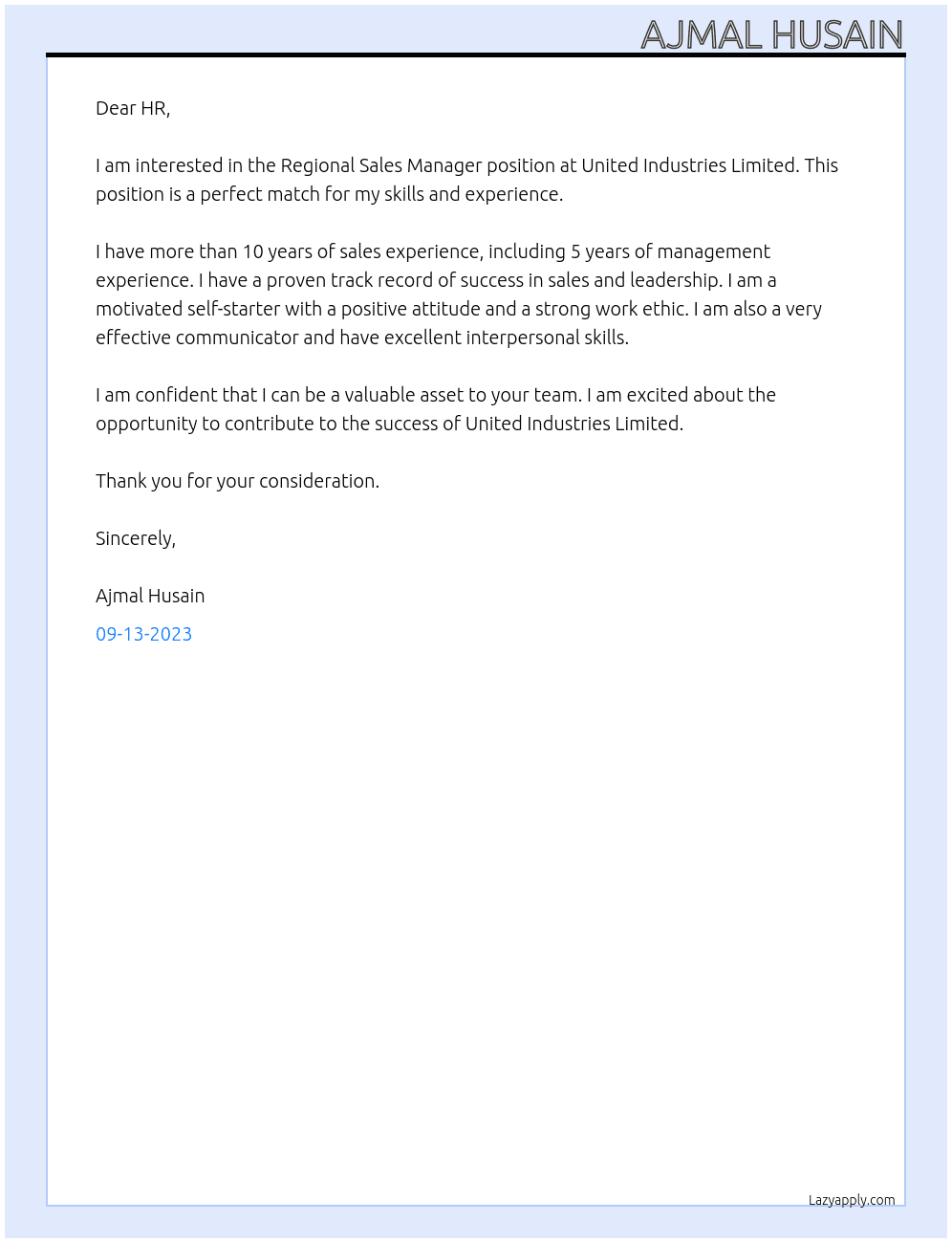 Regional Sales Manager At United Industries Limited Cover Letter