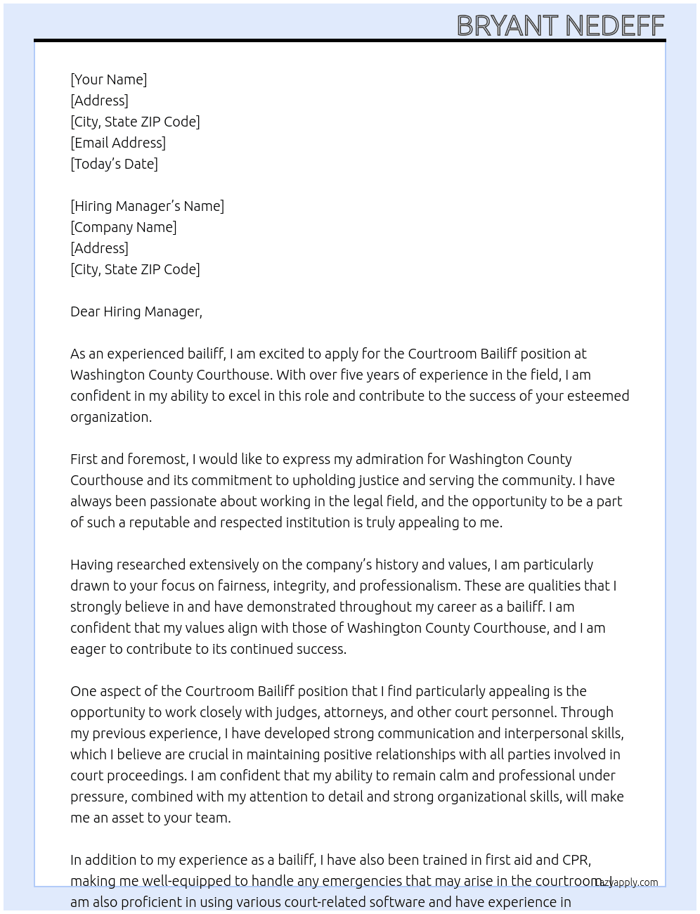 Courtroom bailiff At Washington County Courthouse Cover Letter