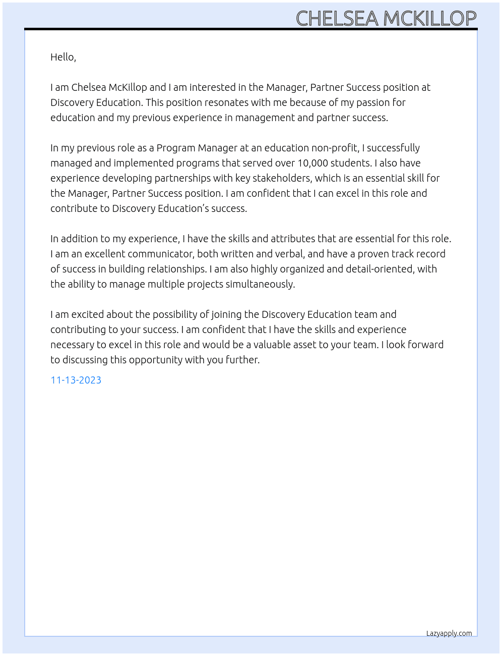 Manager, Partner Success At Discovery Education Cover Letter