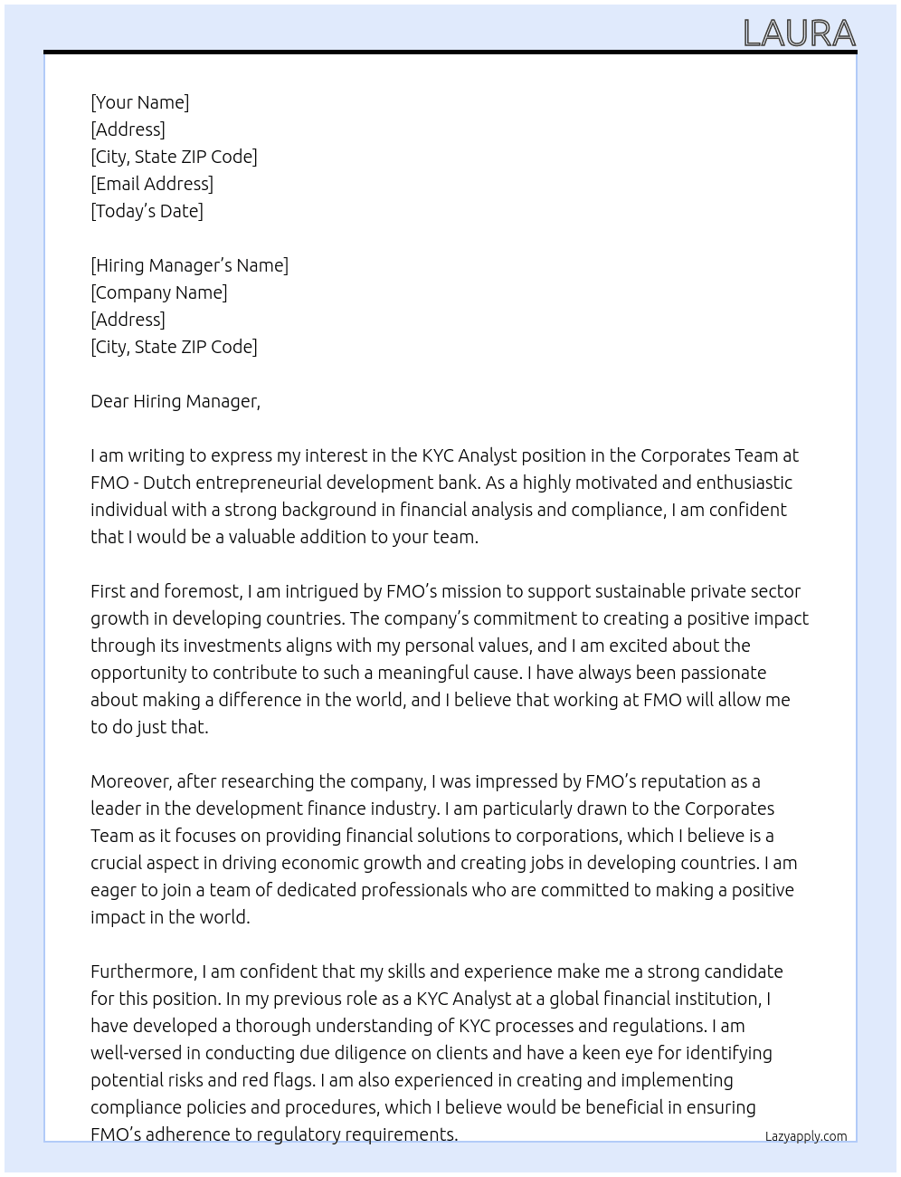 KYC Analyst - Corporates Team At FMO - Dutch entrepreneurial development bank Cover Letter