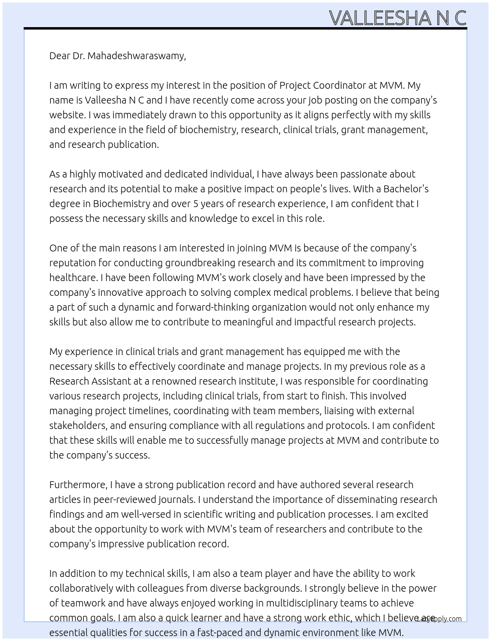 project coordinator  At MVM Cover Letter