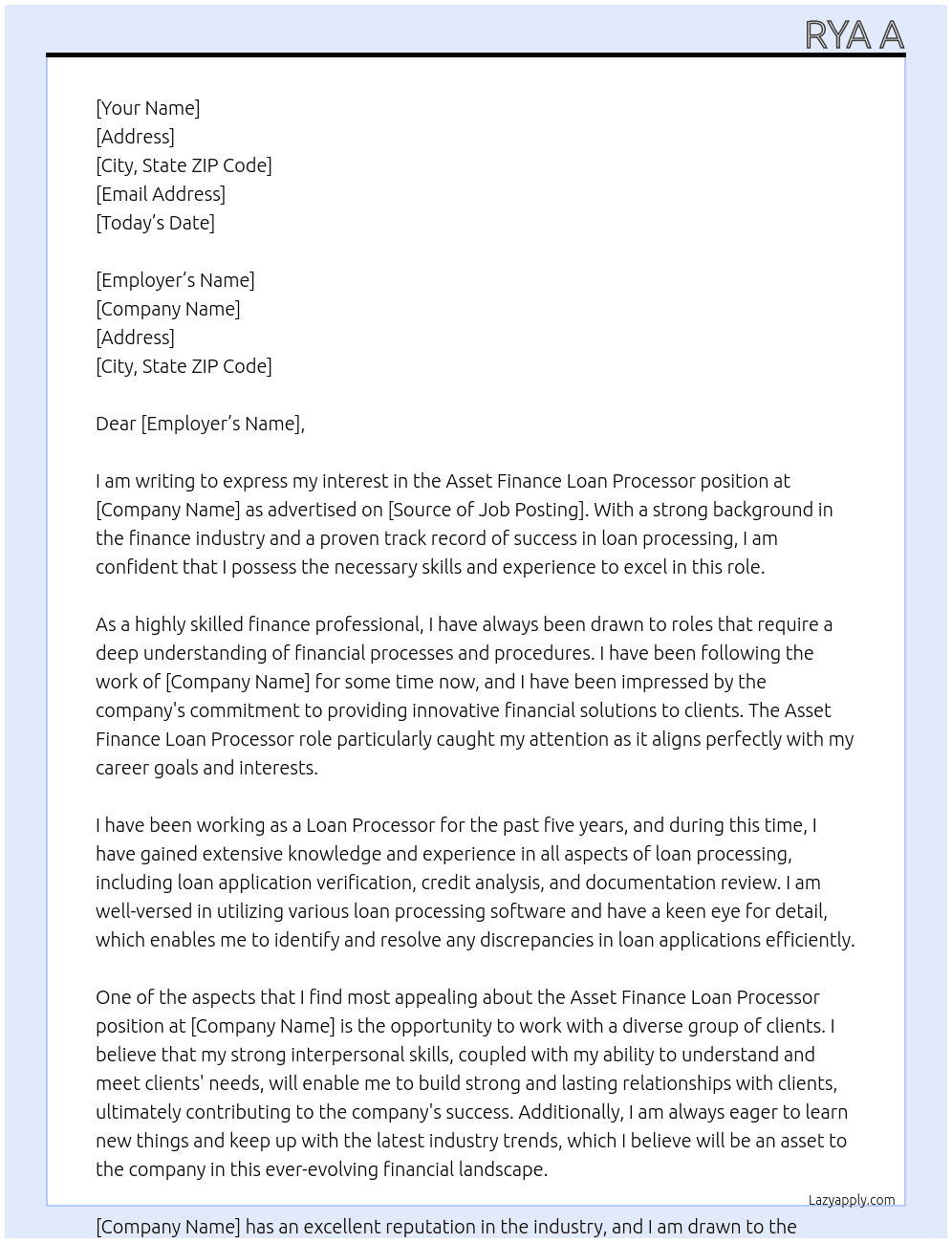 Asset Finance Loan Processor At Rya A Cover Letter
