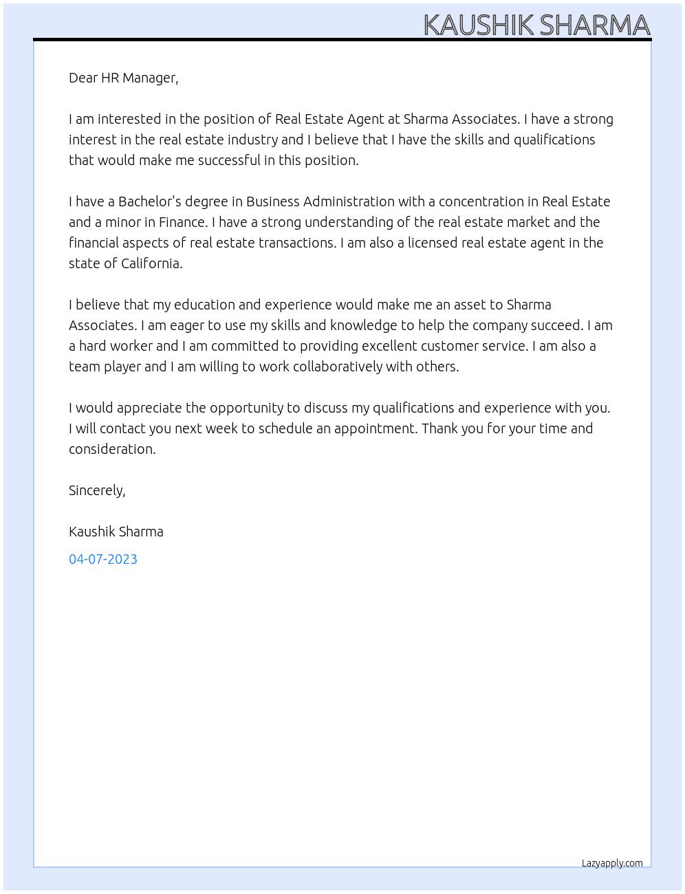 Real Estate Agent At Sharma associates Cover Letter