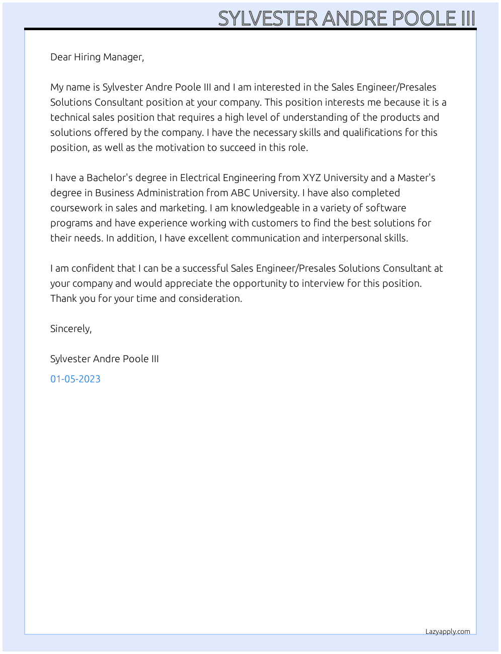 Cover letter for sales engineer/presales solutions consultant - LazyApply