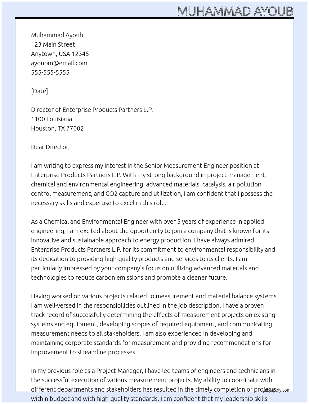Engineer, Senior Measurement-000EMB At Enterprise Products Partners L.P.  Cover Letter