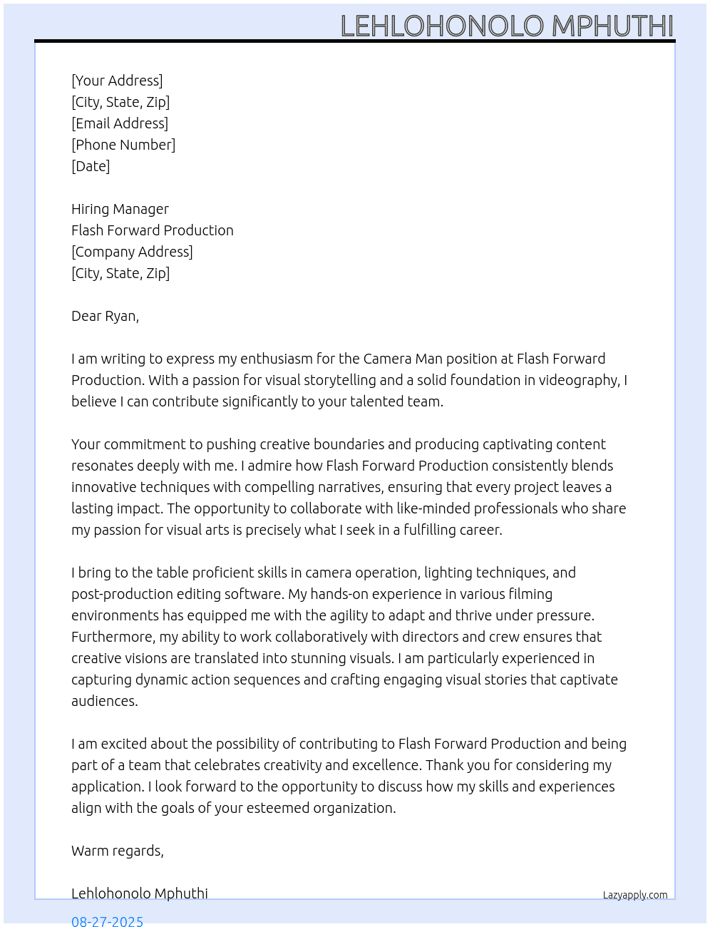 Camera Man At Flash Forward Production Cover Letter