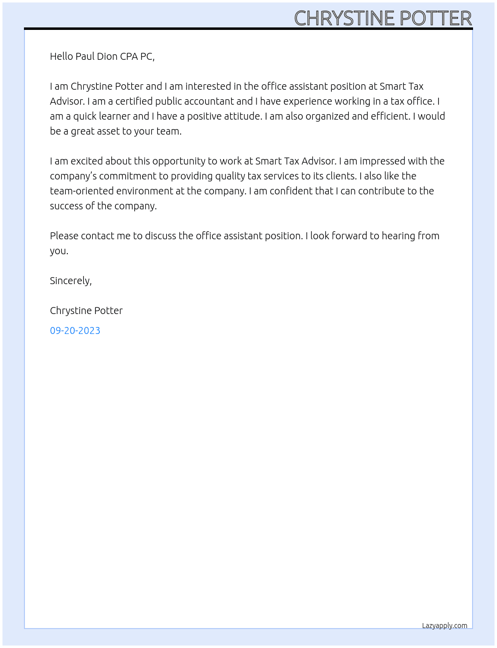 Office Assistant At Smart Tax Advisor Cover Letter