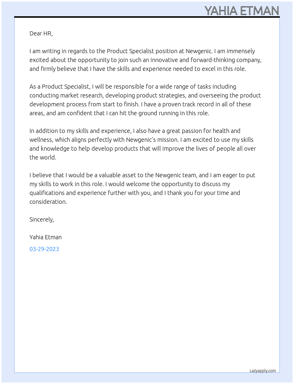 Product Specialist At Newgenic Cover Letter