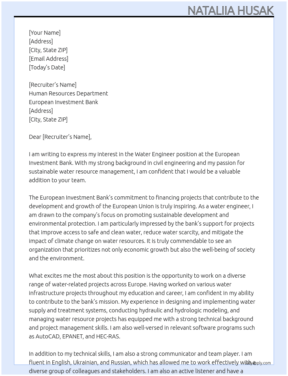 Water Engineer At European Investment Bank Cover Letter