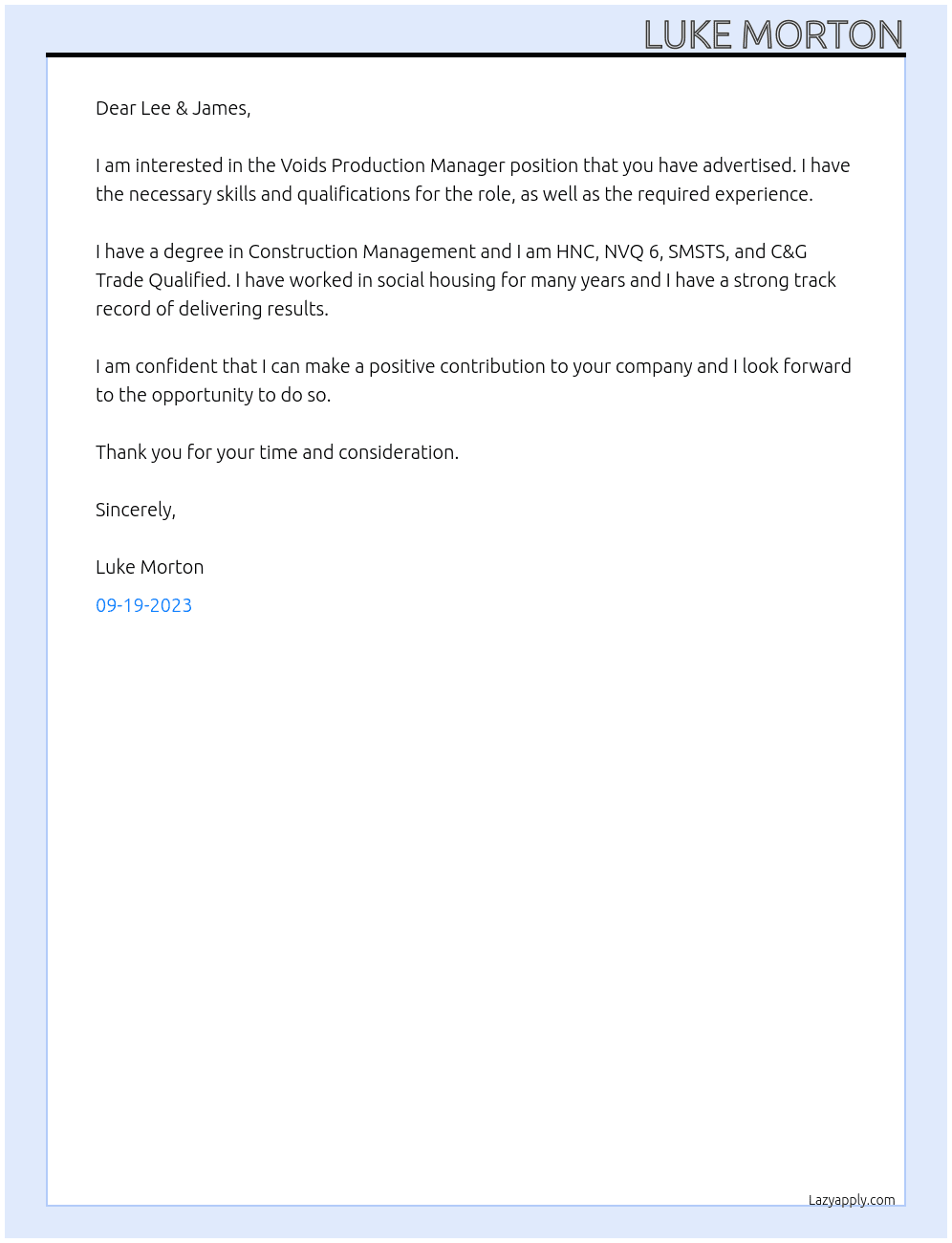 Voids Production Manager At Equans Cover Letter
