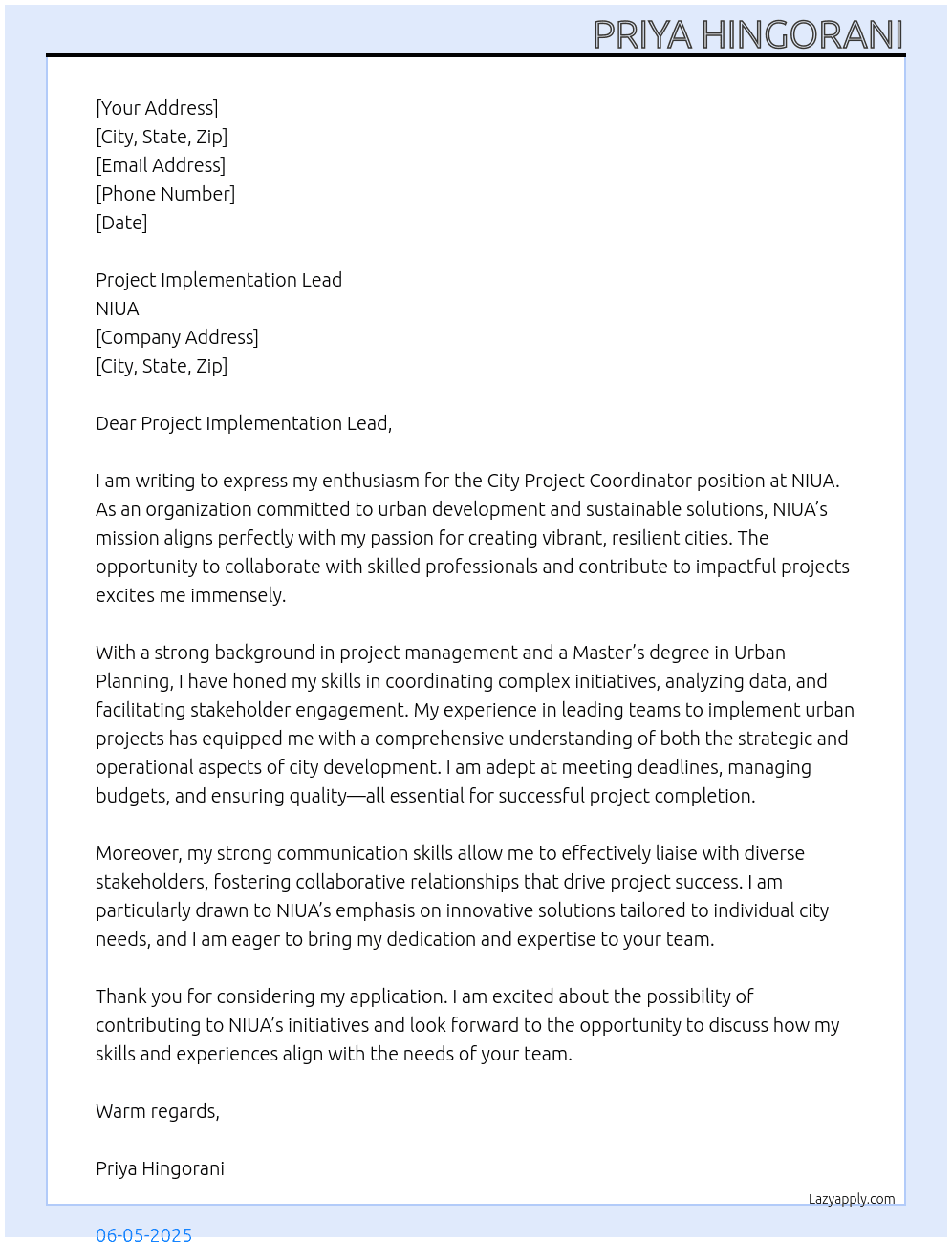 City Project Coordinator At NIUA Cover Letter