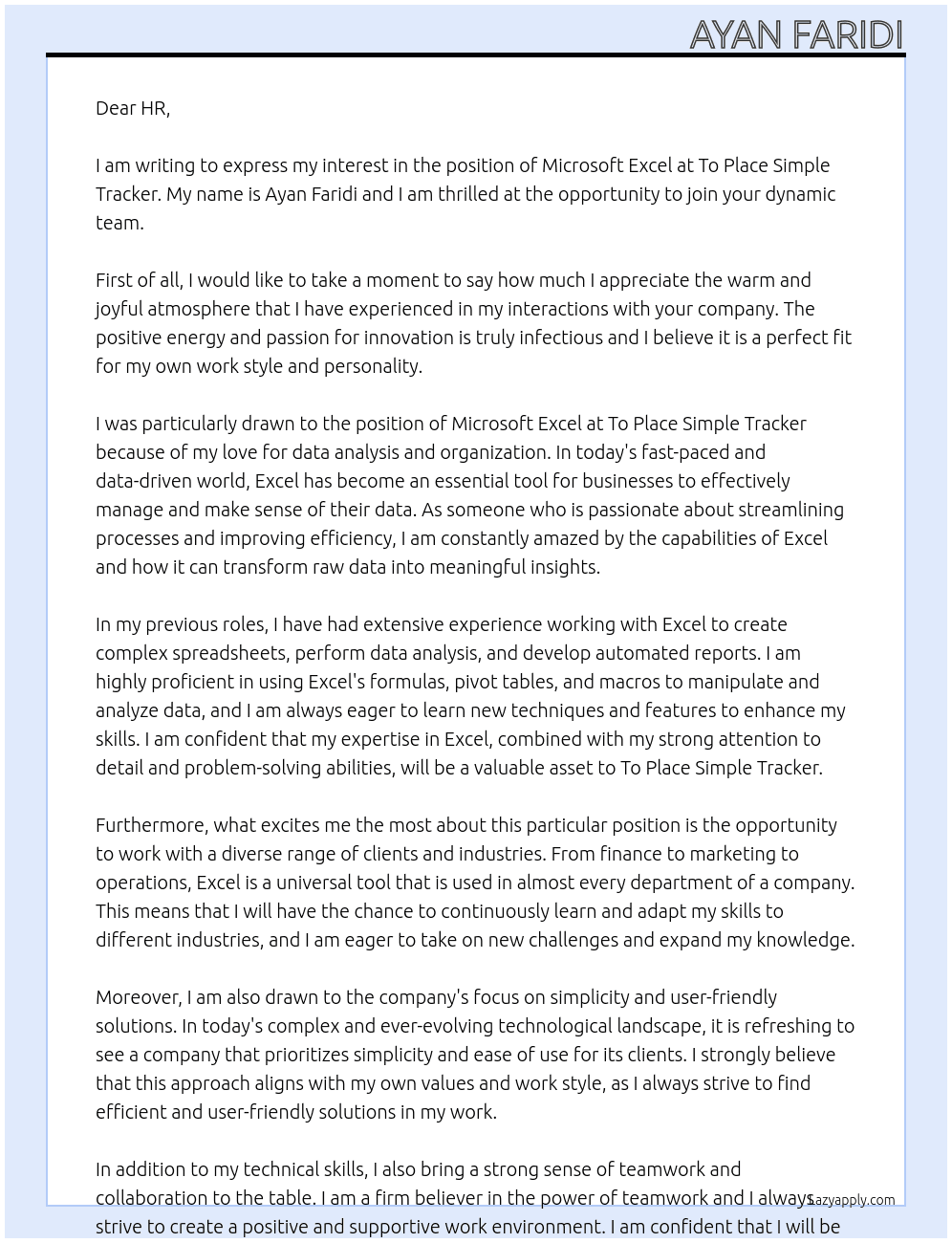 MICROSOFT EXCEL At To place simple tracker  Cover Letter