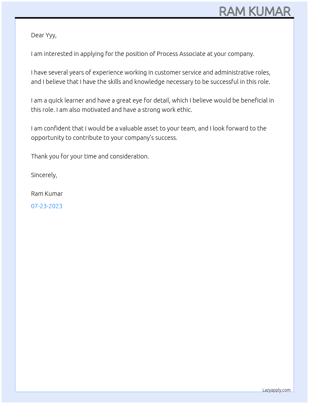 Process Associate  At Yyy Cover Letter