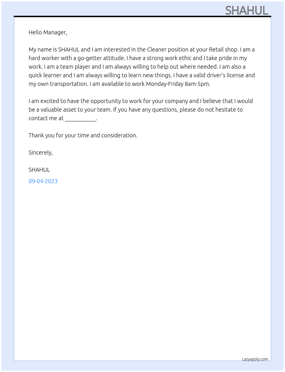 Cleaner At Retail shop Cover Letter