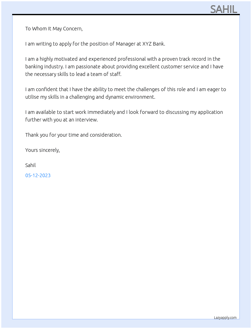 Job application letter At Xyz bank Cover Letter