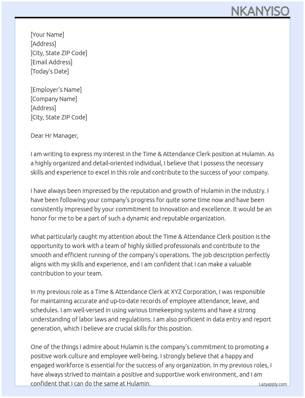 TIME & ATTENDANCE CLERKS At Hulamin  Cover Letter