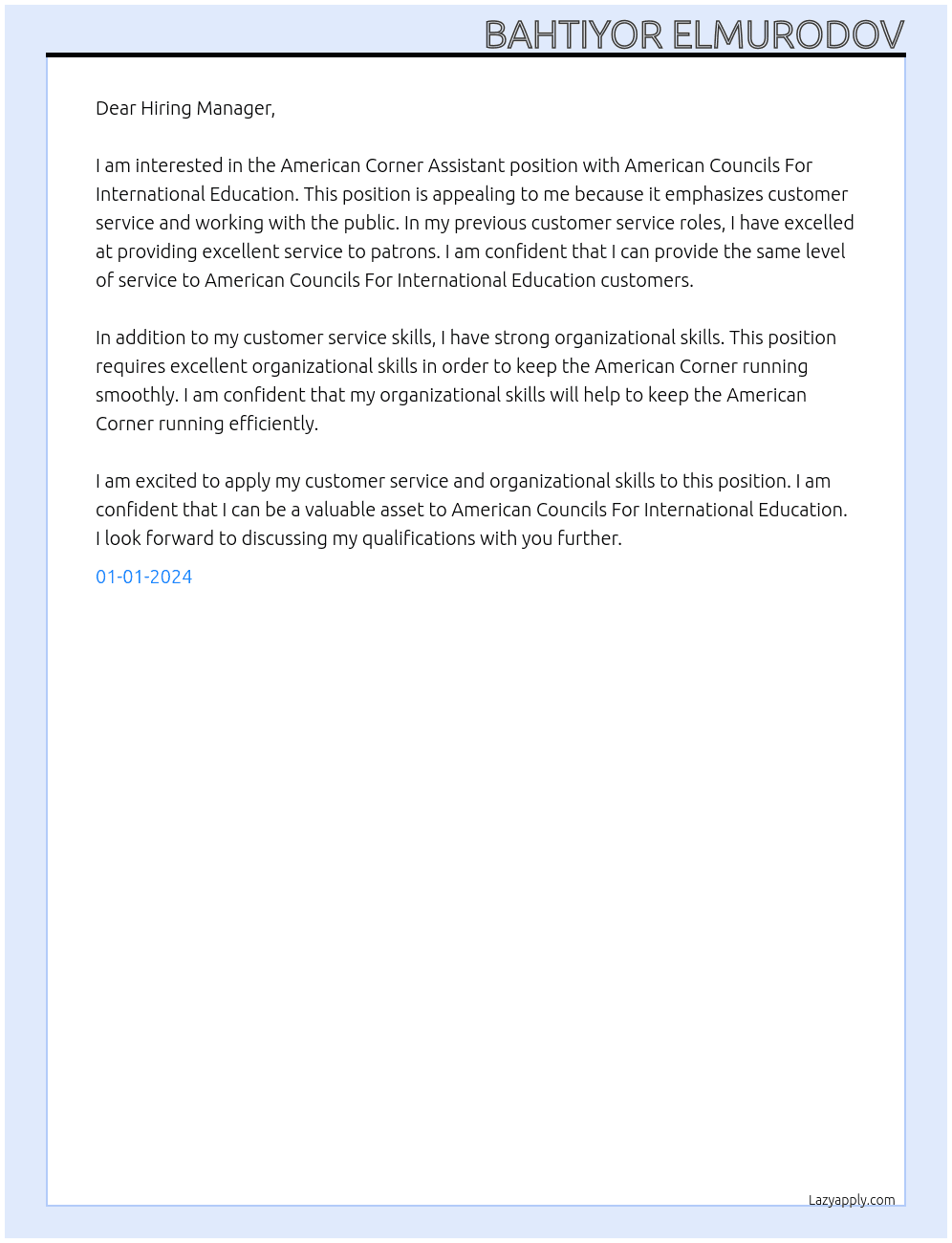 American Corner Assistant At American Councils For International Education Cover Letter