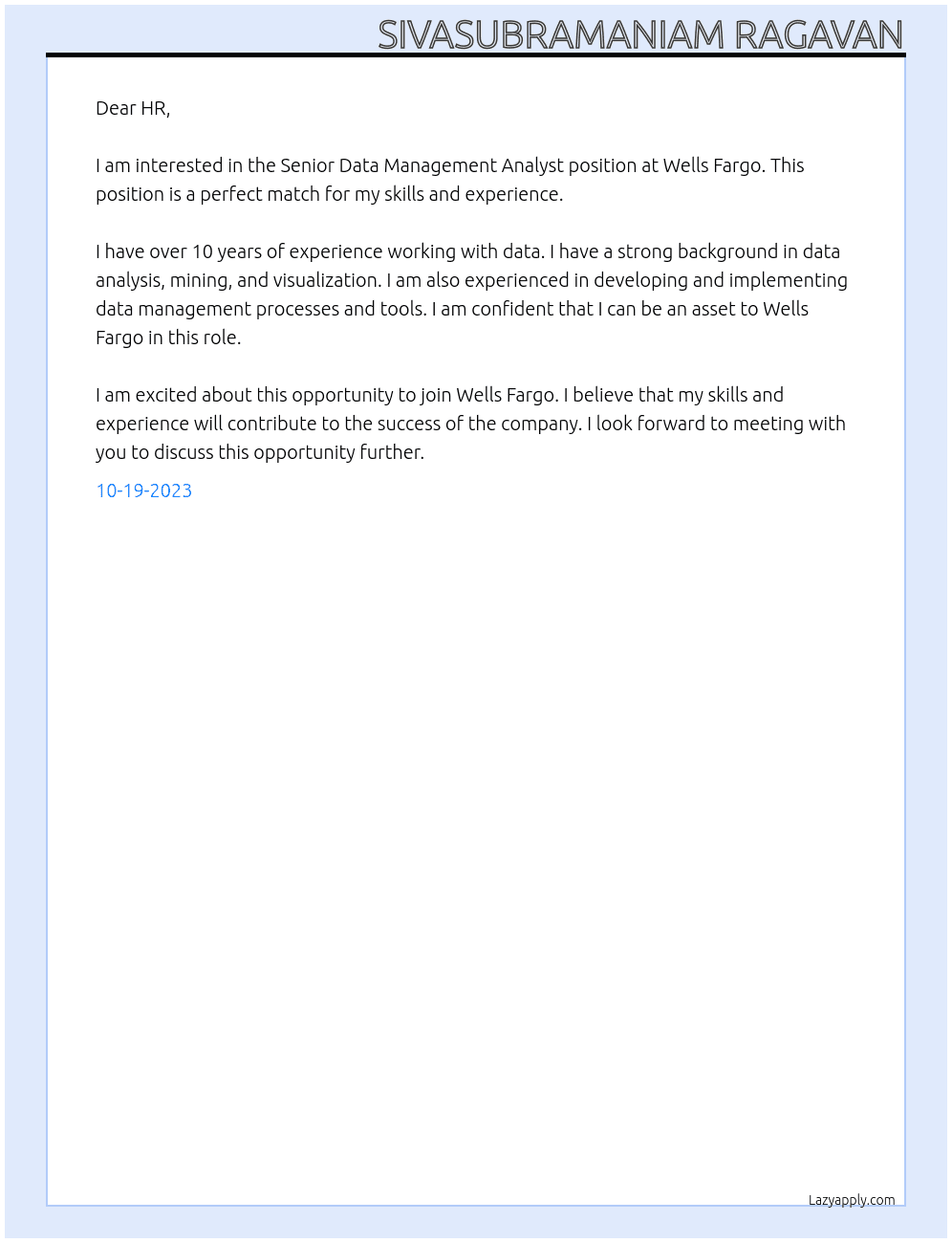enior Data Management Analyst At Wells Fargo Cover Letter