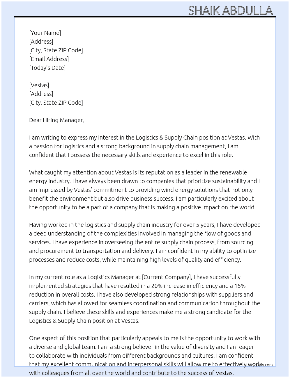 Logistics & supply chain At Vestas Cover Letter