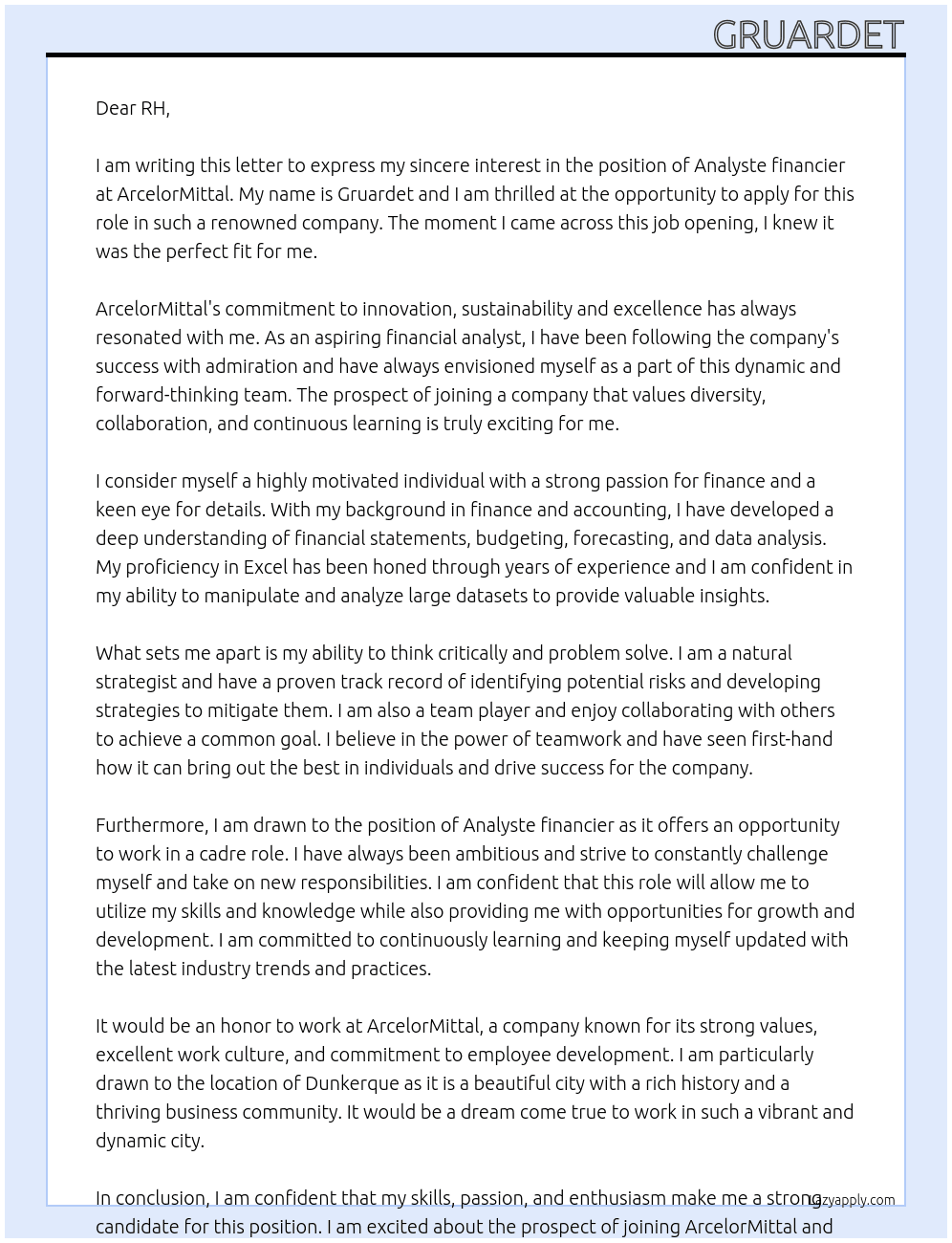 Analyste financier At ArcelorMittal Cover Letter