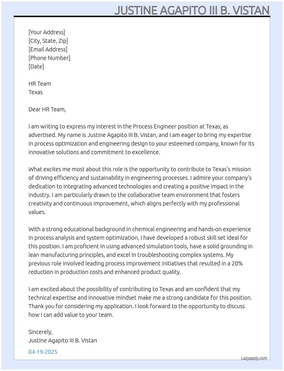 Process Engineer At Texas Cover Letter
