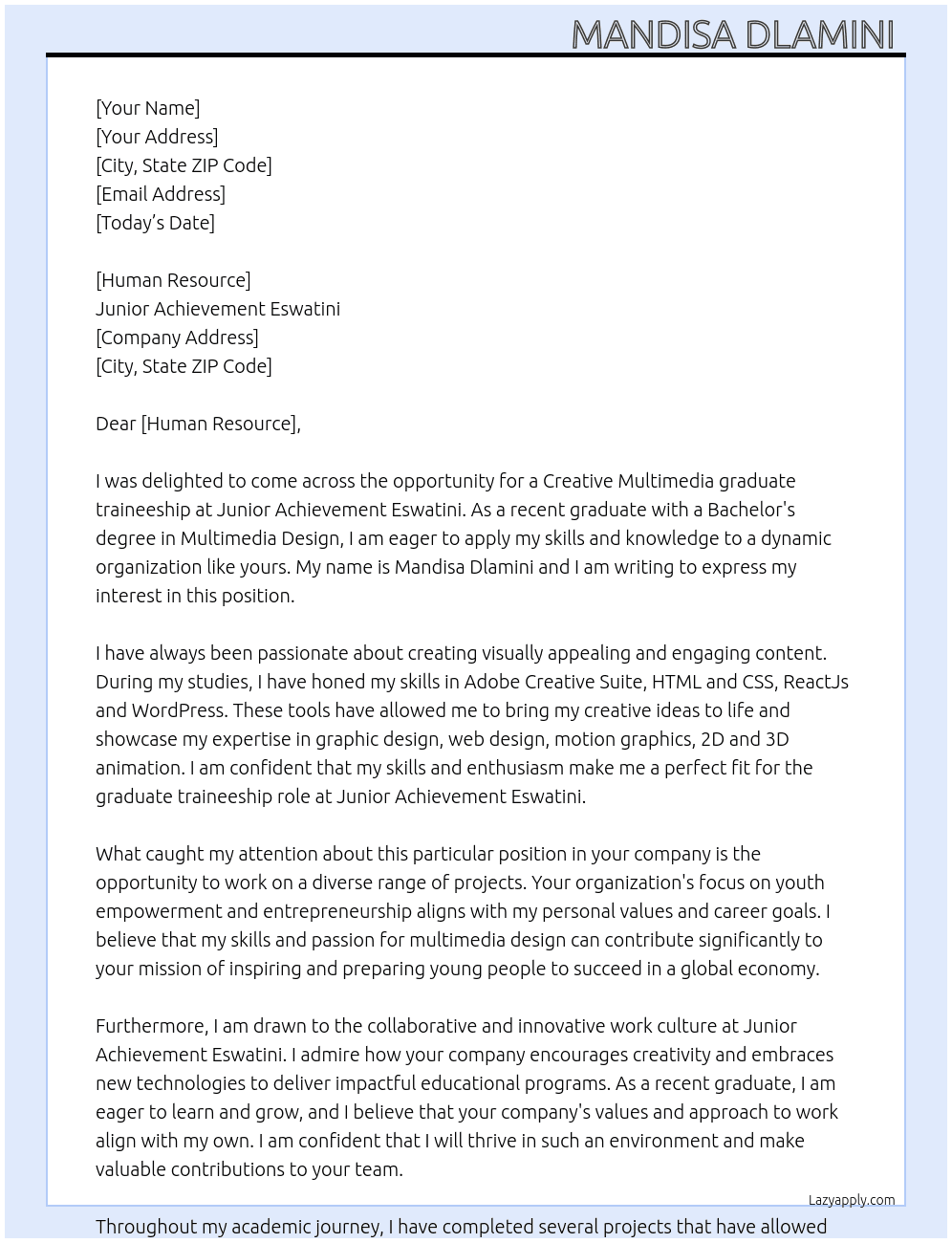Creative Multimedia graduate traineeship  At Junior Achievement Eswatini  Cover Letter
