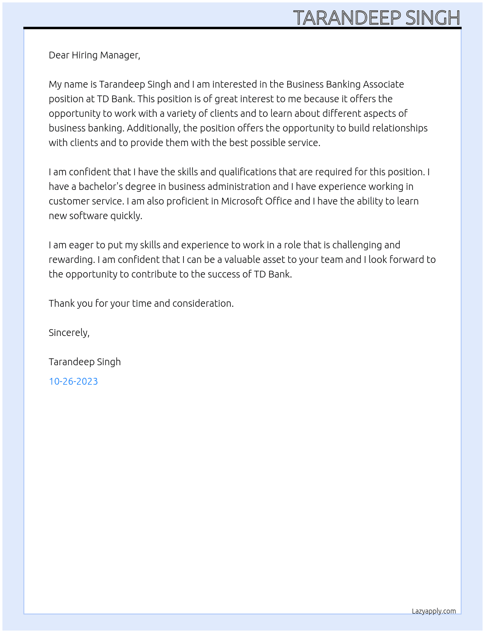 business banking associate At TD Bank Cover Letter