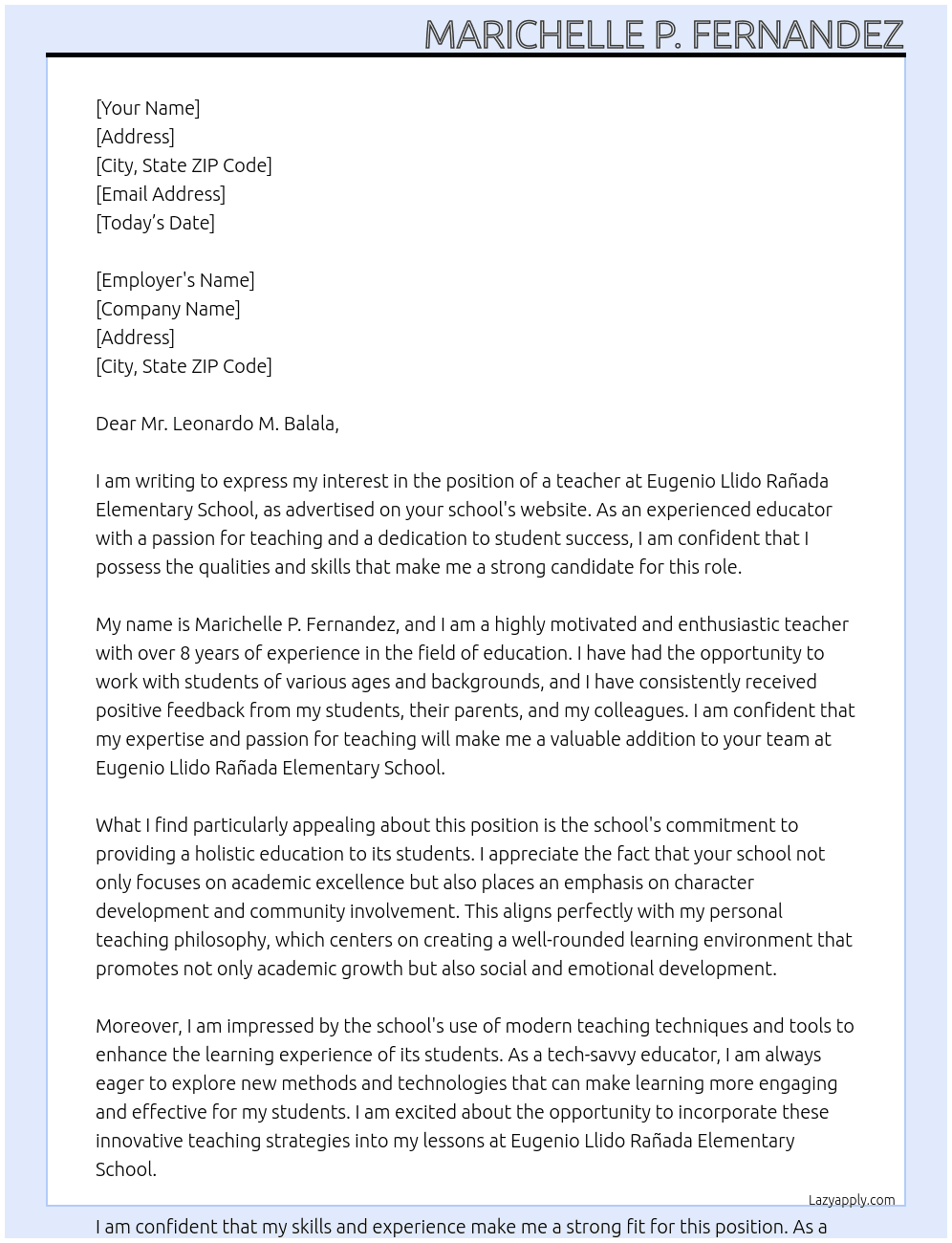 teacher At Eugenio Llido Rañada Elementary School. Cover Letter