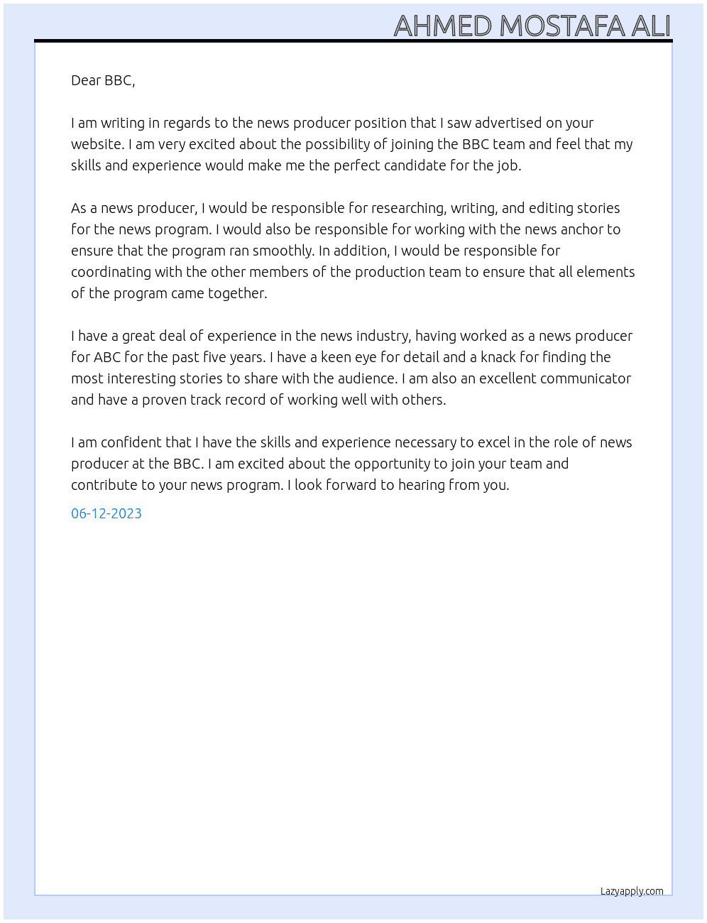 news producer At BBC Cover Letter