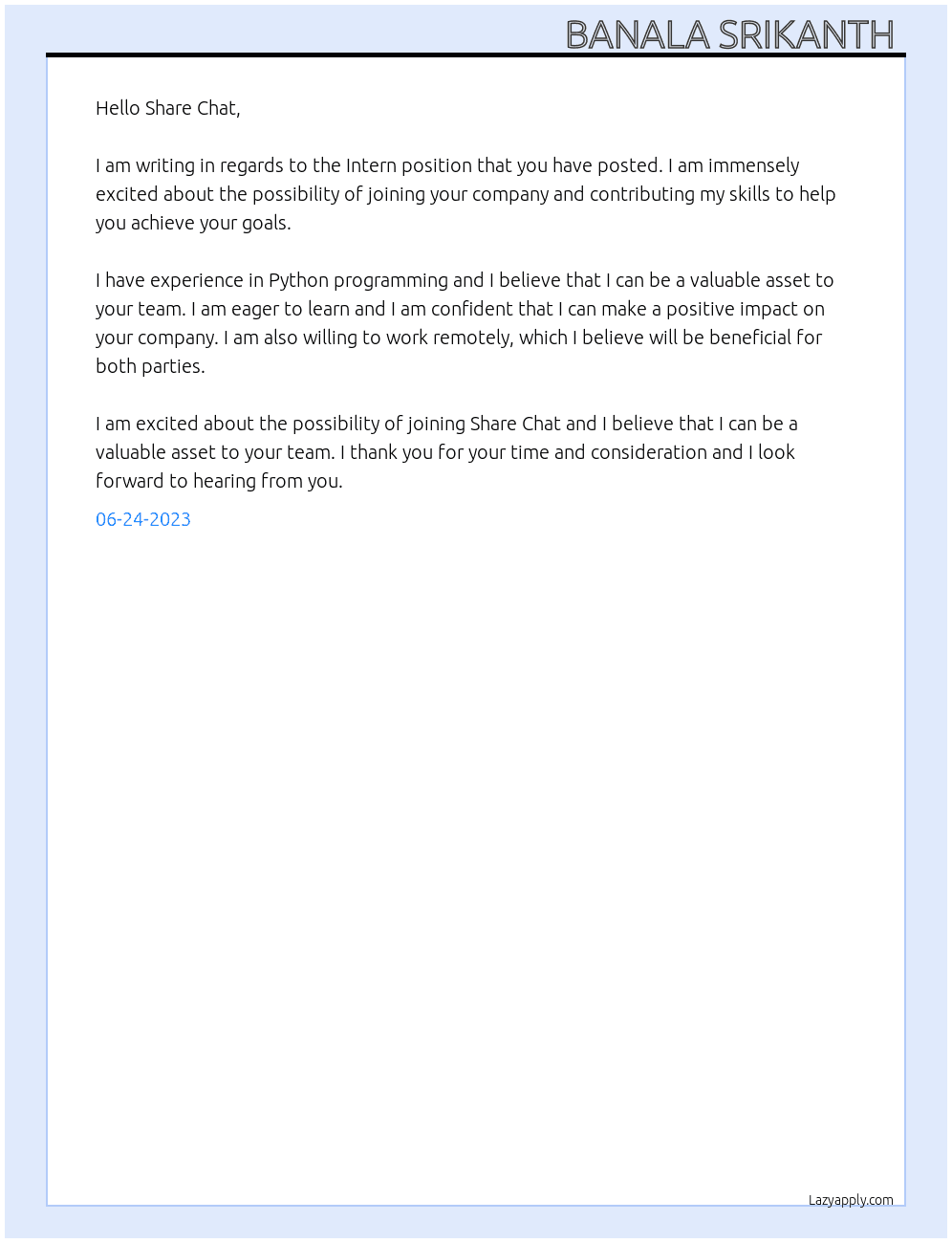 Intern At Share Chat Cover Letter