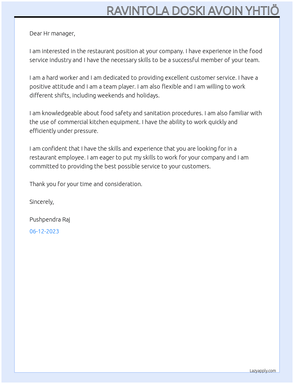 Restaurant  At Pushpendra Raj  Cover Letter