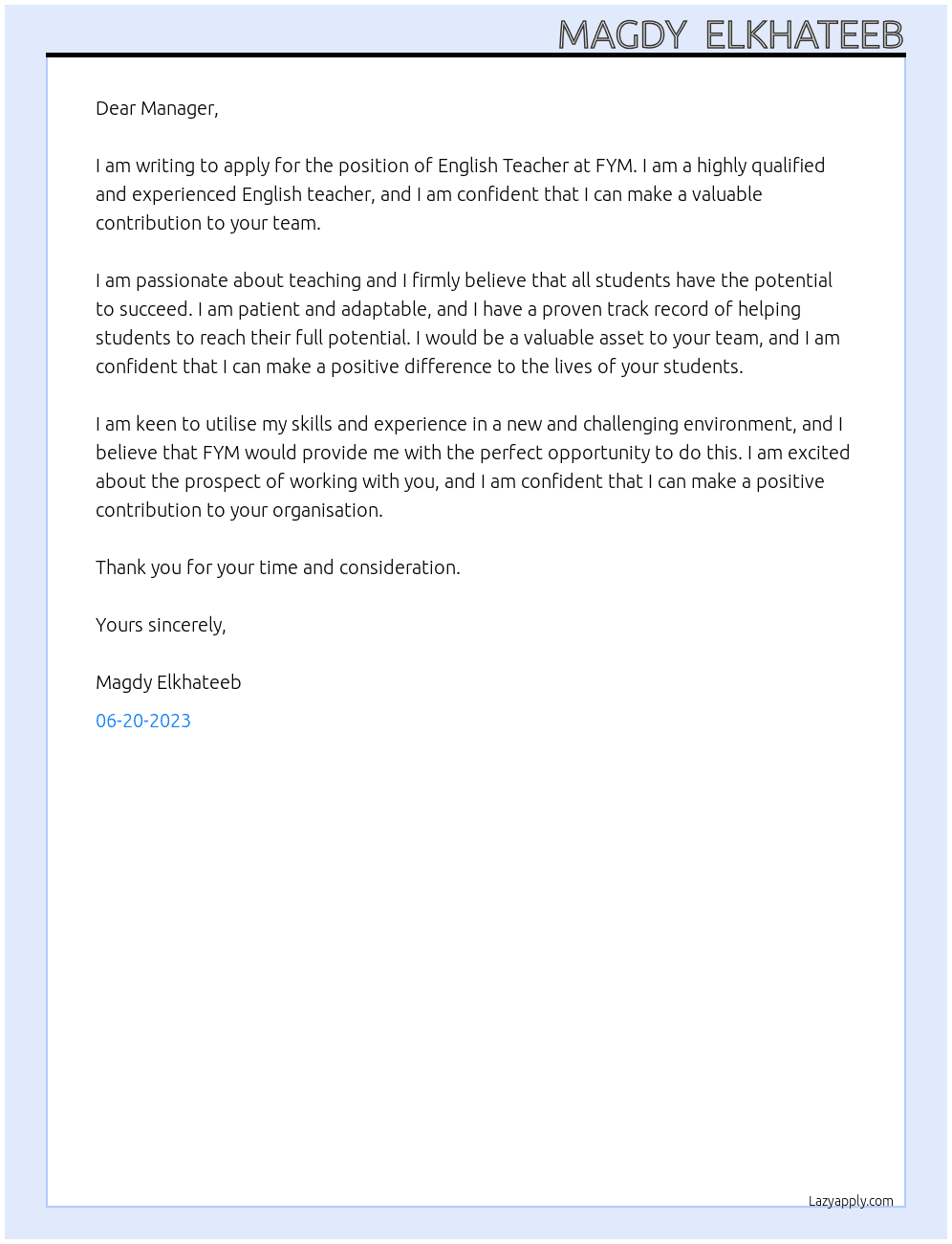English Teacher At FYM Cover Letter