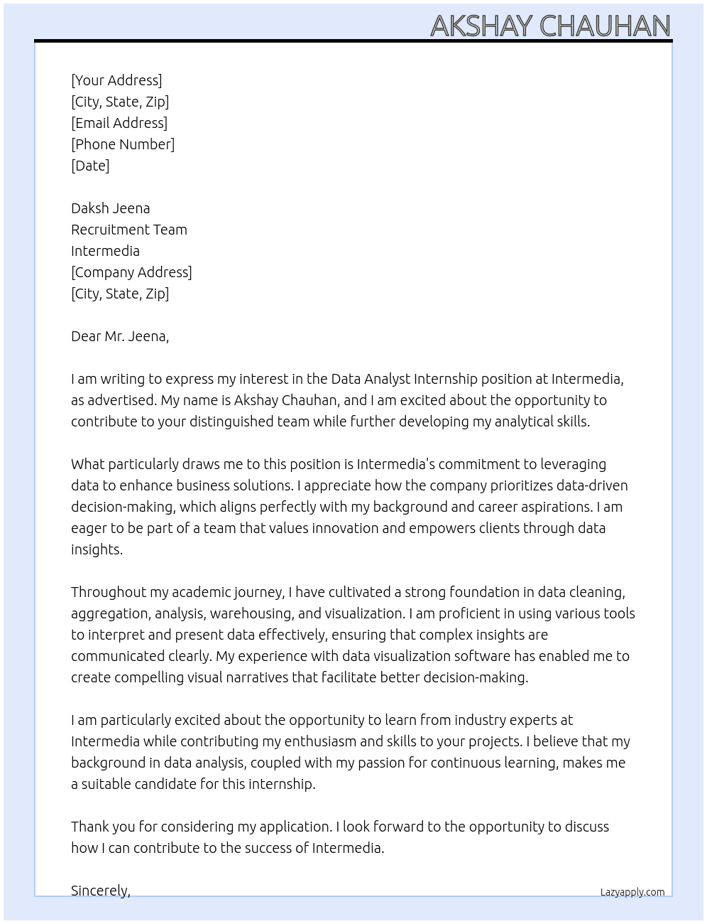 Data analyst Intern At Intermedia Cover Letter