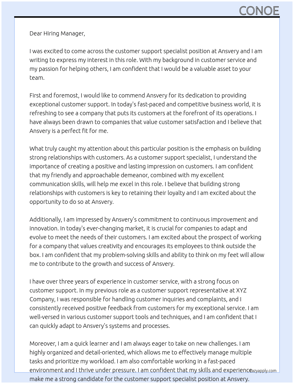 customer support specialist At Ansvery Cover Letter