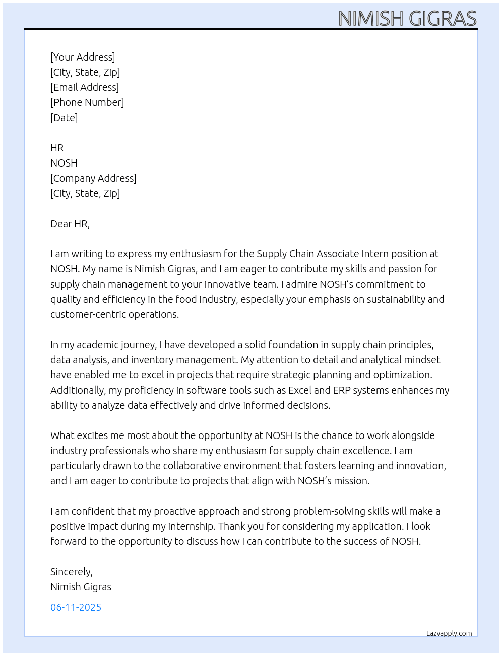 supply chain associate intern At NOSH Cover Letter