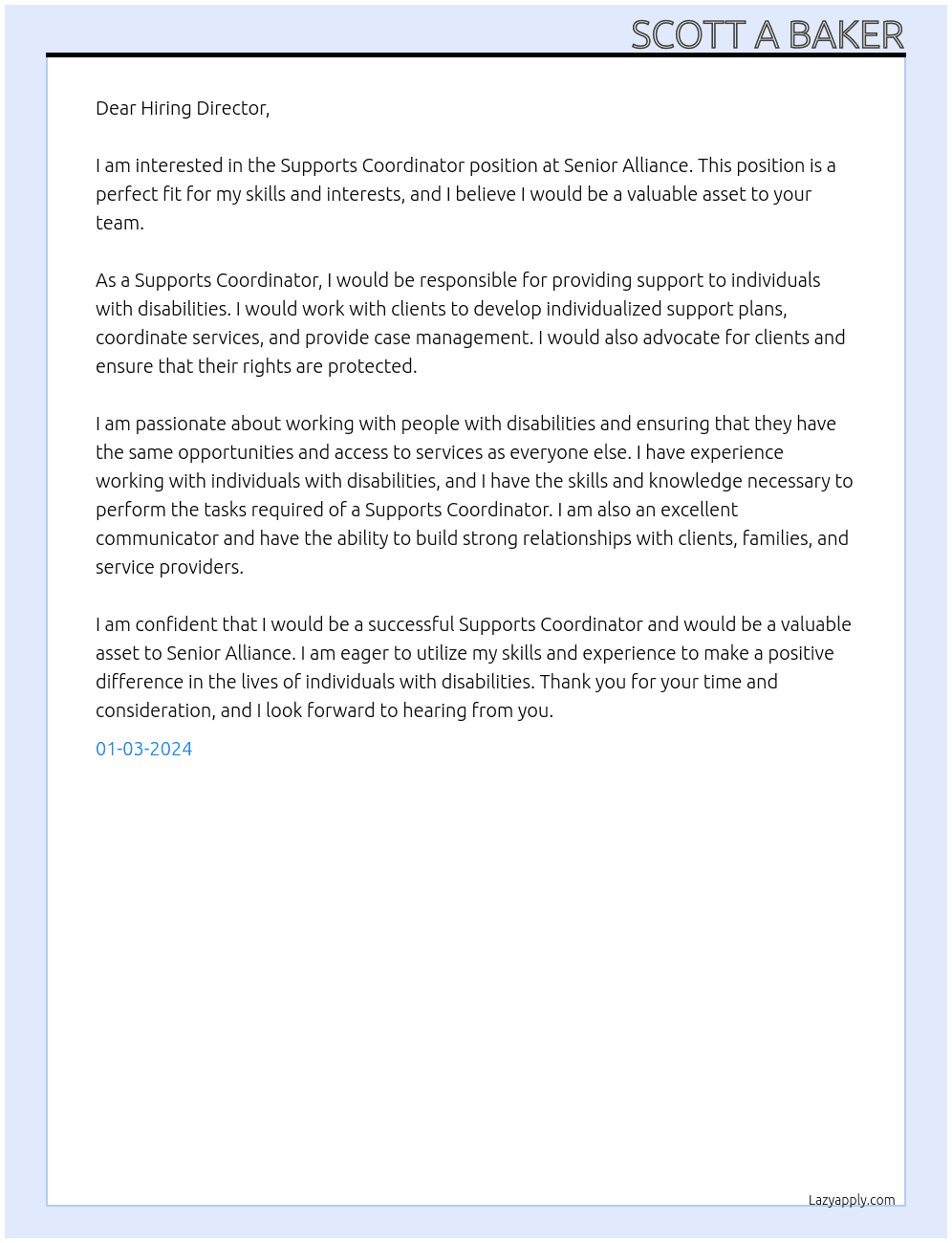Supports Coordinator At Senior Alliance  Cover Letter