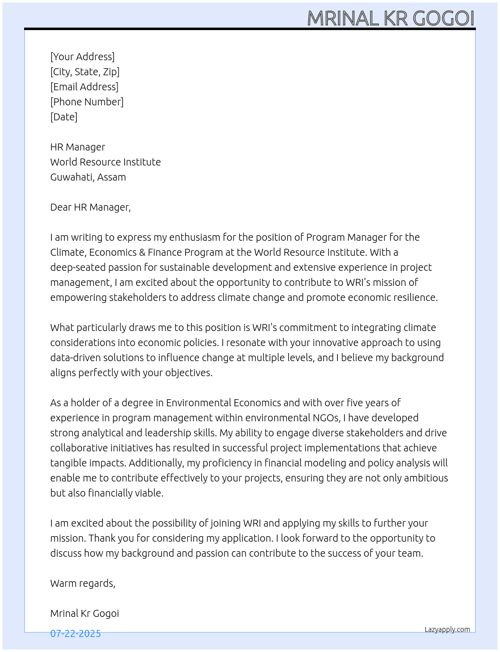 Cover letter for program manager, climate, economics & finance program- guwahati, assam - LazyApply