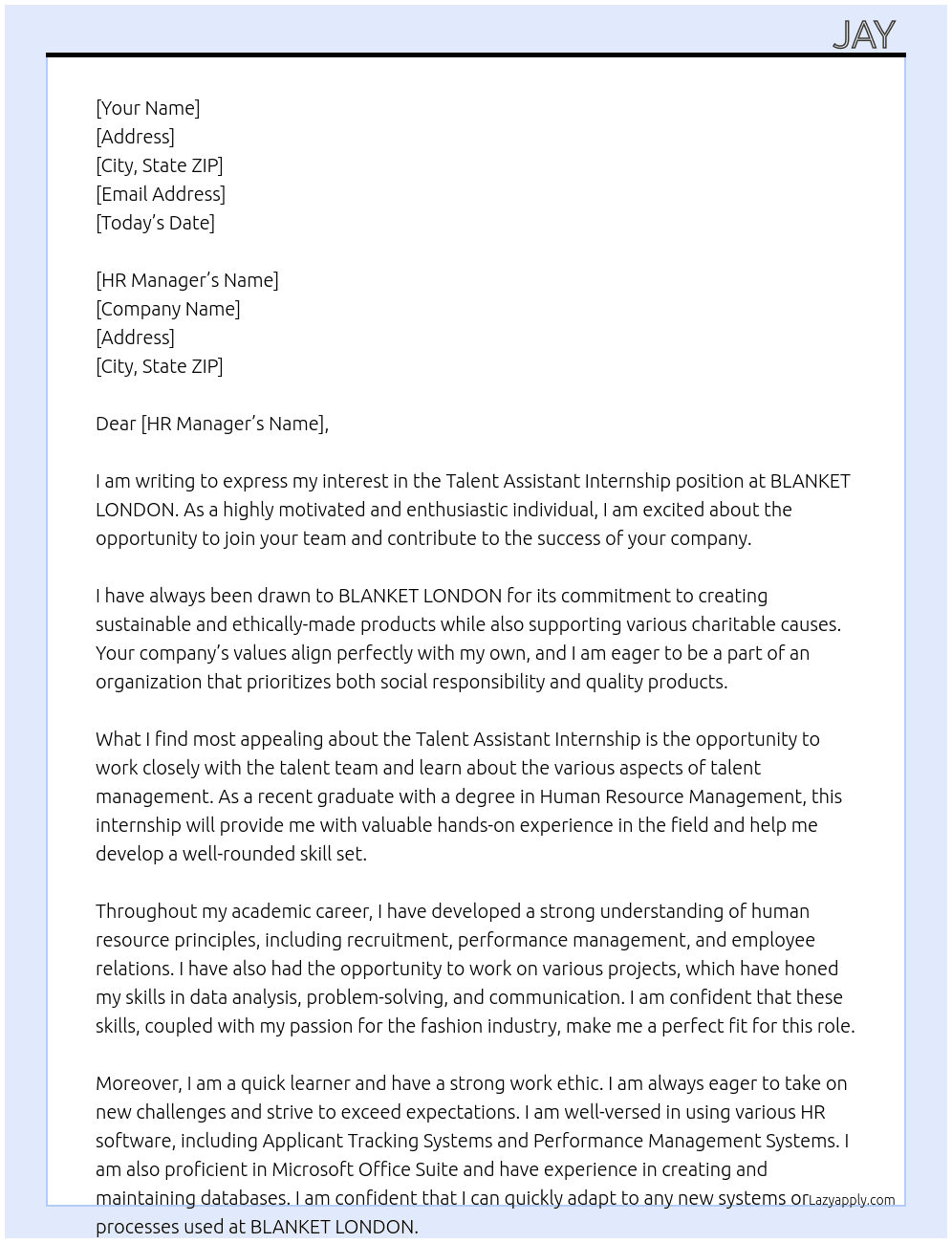 Talent assistant Internship At BLANKET LONDON Cover Letter