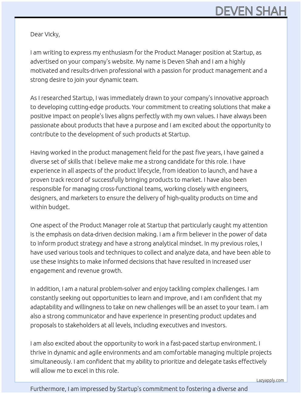 Product Manager At Startup Cover Letter