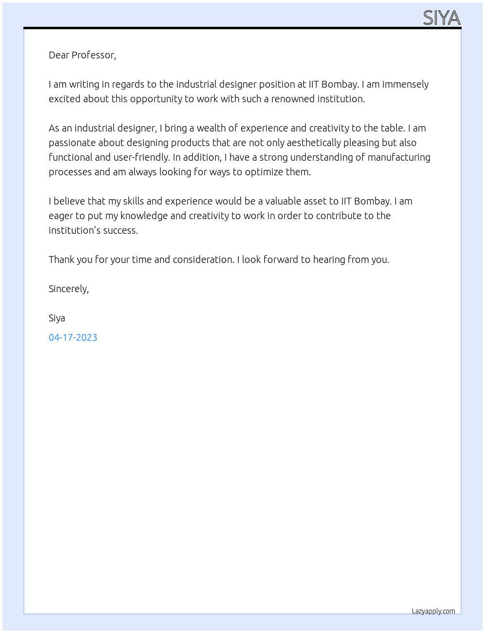 industrial designer At iit bombay Cover Letter