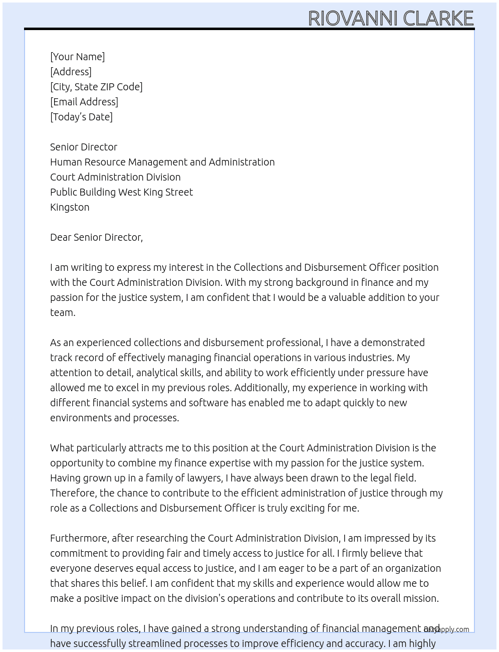 Collections and Disbursement Officer At Court Administration Division Cover Letter