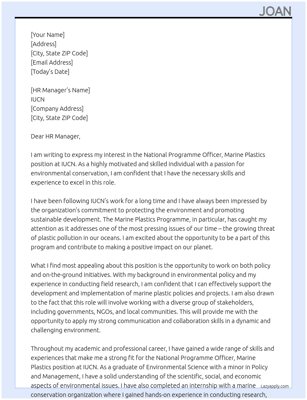 National Programme Officer, Marine Plastics At IUCN Cover Letter