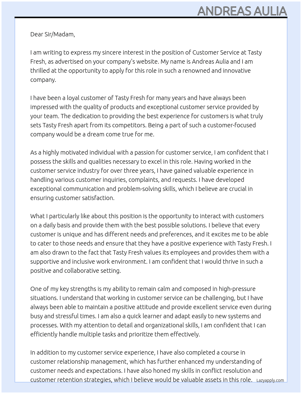 Customer service  At Tasty Fresh Cover Letter