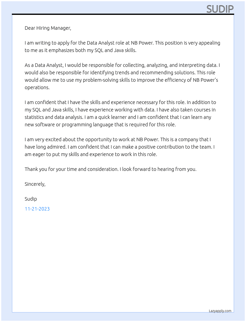 Data Analyst At NB Power Cover Letter