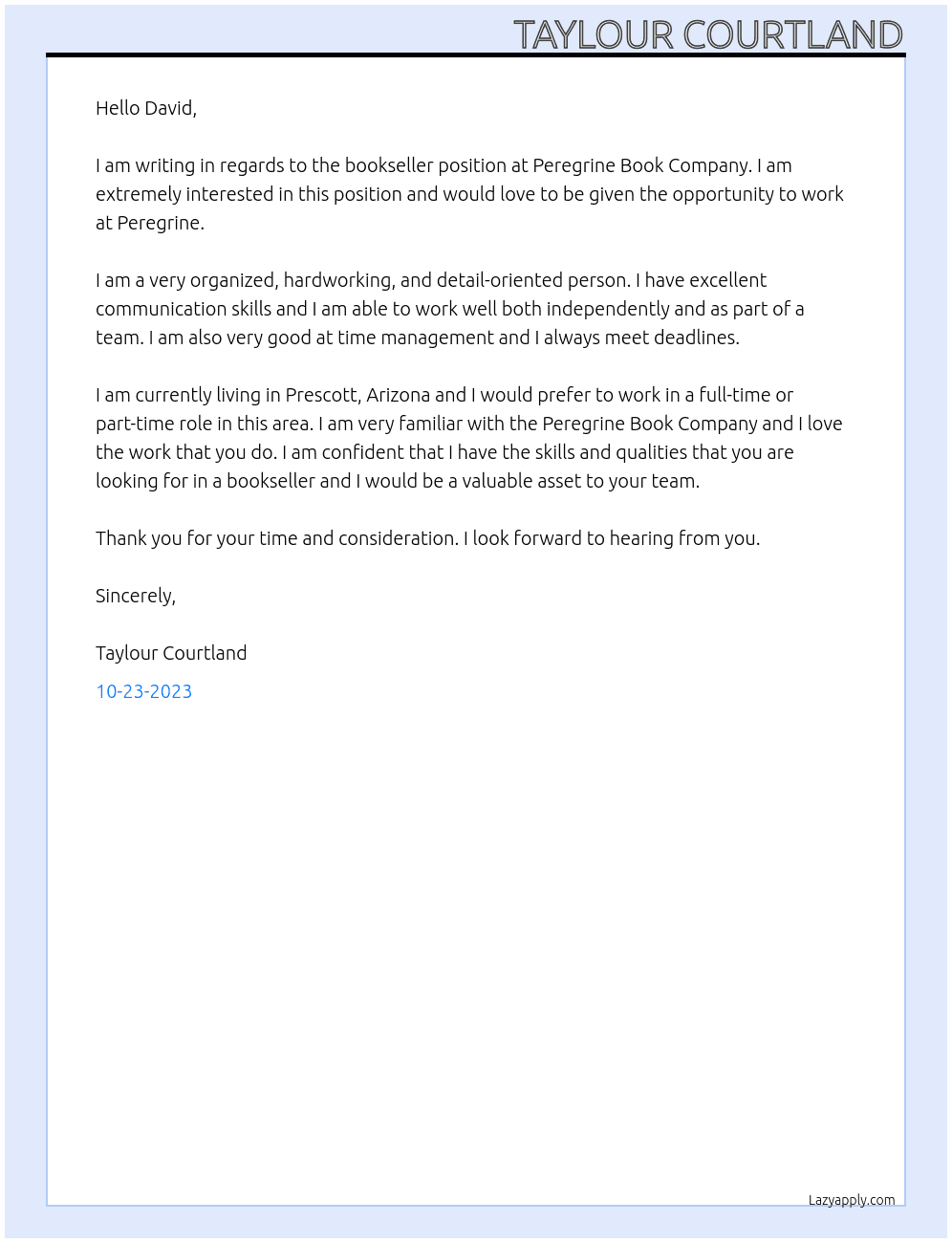 Bookseller At Peregrine Book Company Cover Letter