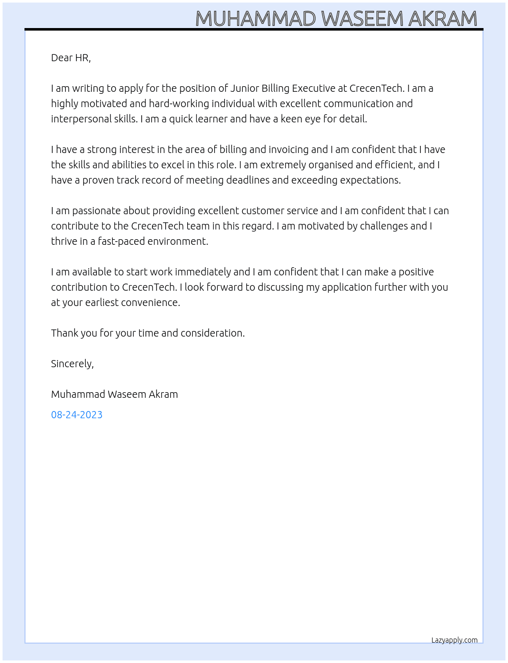 Junior Billing Executive At CrecenTech Cover Letter