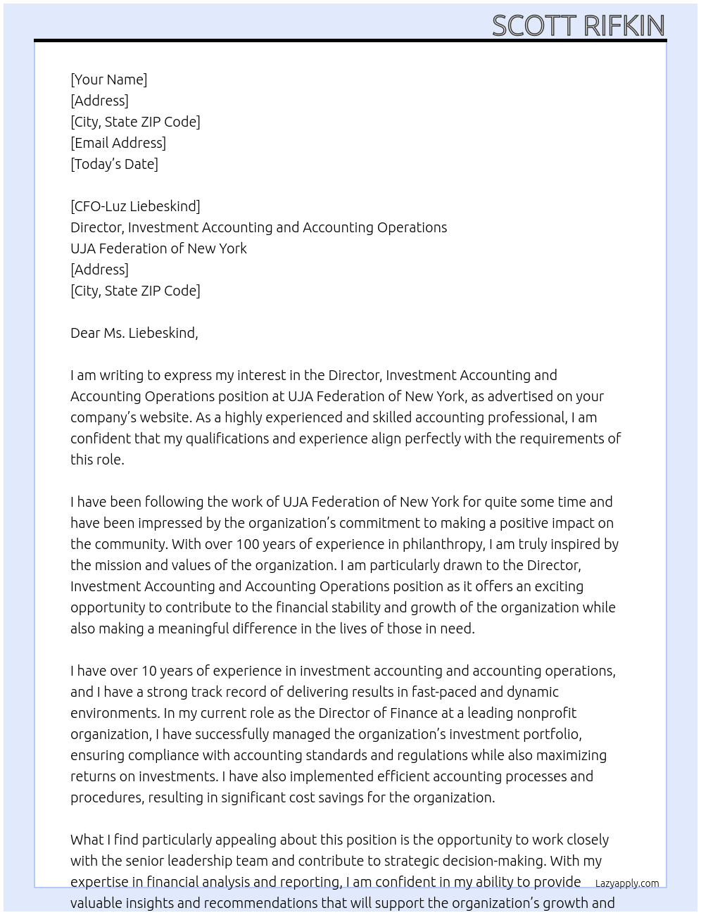 Director, Investment Accounting and Accounting Operations At UJA Federation of New York Cover Letter