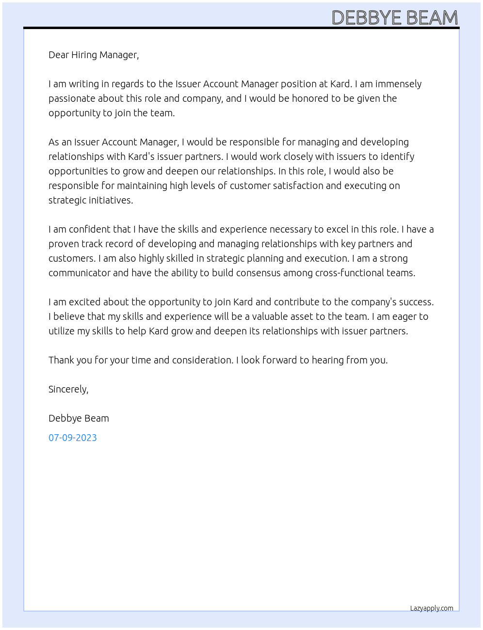Issuer Account Manager  At Kard Cover Letter