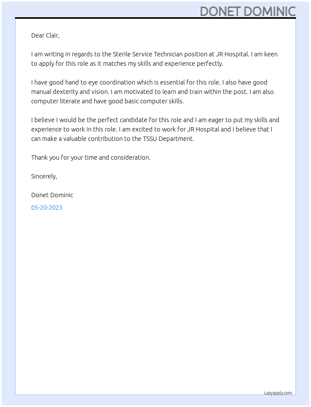 Sterile Service Technician At JR Hospital, TSSU Department Cover Letter