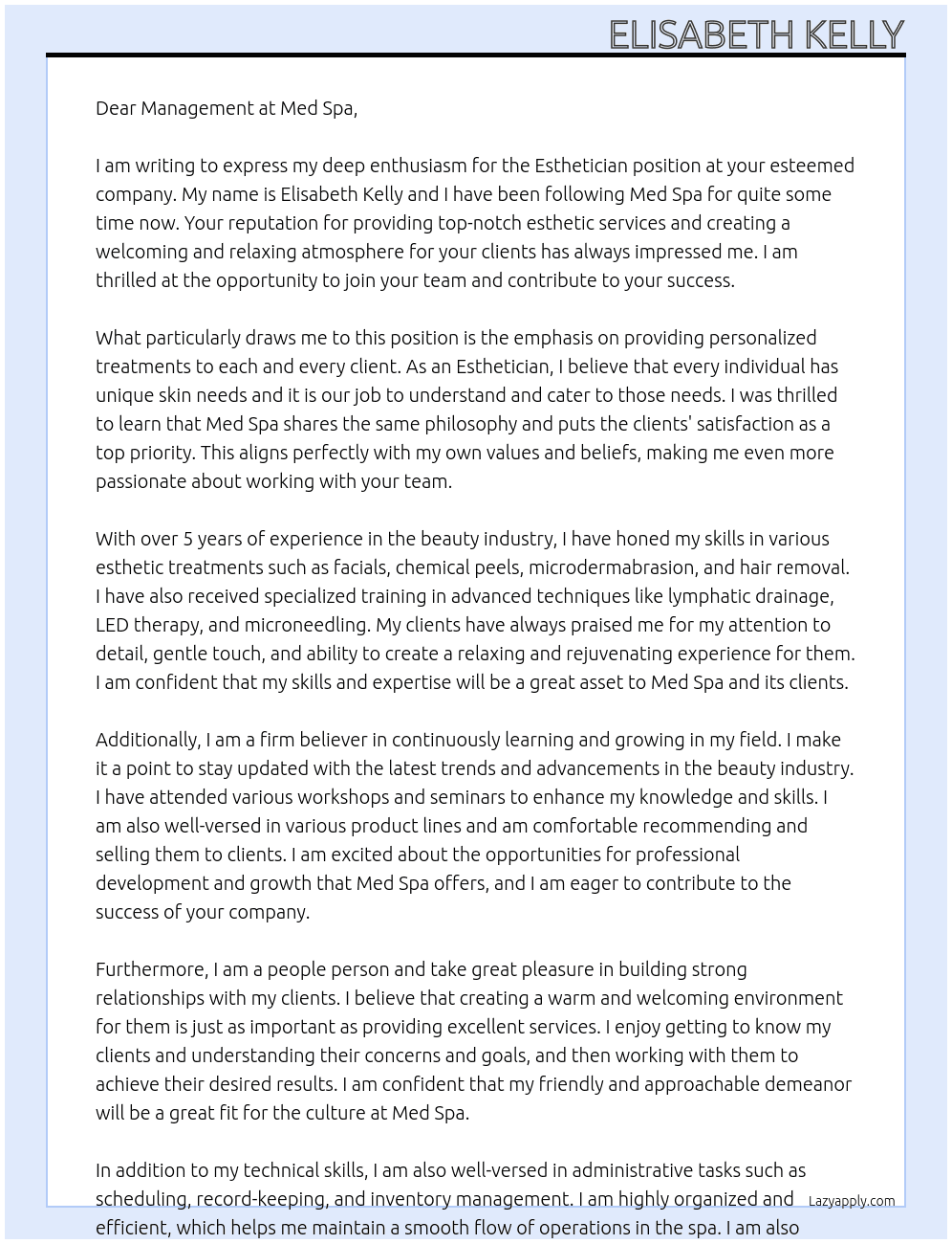 Esthetician At Med spa Cover Letter